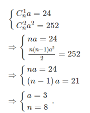 Trong khai triển (1 + ax)^n ta có số hạng đầu là 1, số hạng thứ hai là 24x, số  (ảnh 2)