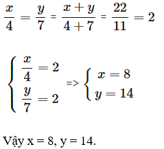 Tìm x và y biết(c + 4) / (7 + y) = 4/7 và x + y = 22 (ảnh 1)