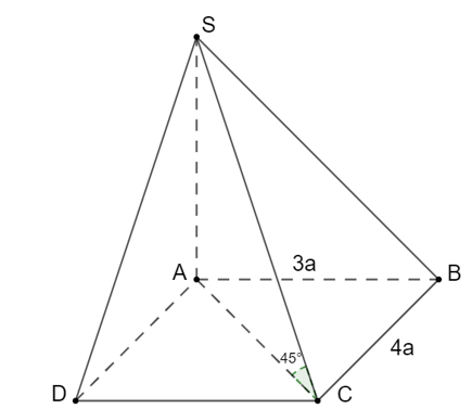 Cho khối chóp S.ABCD có đáy ABCD là hình chữ nhật biết rằng SA vuông góc (ABCD), SC hợp với đáy một góc 45° và AB = 3a, BC =4a. Tính thể tích khối chóp. (ảnh 1)