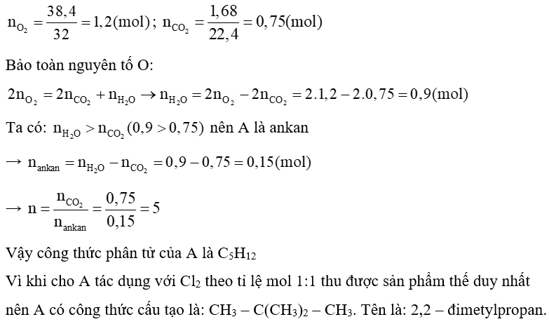 Đốt cháy hoàn toàn một hidrocacbon A cần dùng 38,4 gam O2 và thu được 16,8 lít CO2 (đktc). Khi cho A tác dụng với Cl2 theo tỉ lệ mol 1:1 thu được sản phẩm thế duy nhất. Xác định công thức phân tử và gọi tên A? (ảnh 1)
