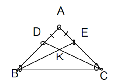 Cho tam giác ABC cân tại A. Trên cạnh AB lấy điểm D, trên cạnh AC lấy điểm E sao  (ảnh 1)