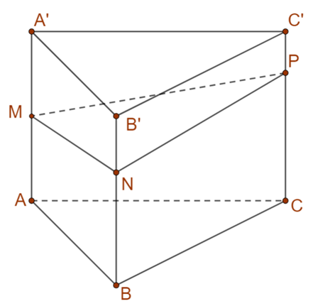 Cho khối lăng trụ ABC.A'B'C' có thể tích bằng 2022. Mặt phẳng (P) cắt các cạnh AA', BB', CC', DD' lần lượt tại M, N, P sao cho MA = MA', NB = 2NB', PC = 3PC'. Tính thể tích khối đa diện ABC.MNP. (ảnh 1)