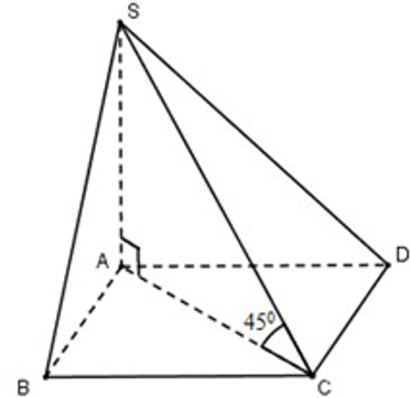 Cho hình chóp S.ABCD có đáy ABCD là hình chữ nhật với AB = a. Cạnh bên SA vuông góc với mặt phẳng đáy, SC tạo với đáy một góc 45°  (ảnh 1)