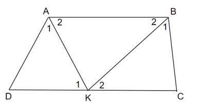 Cho hình thang ABCD (AB // CD). Hai đường phân giác của góc A và B cắt nhau tại điểm K thuộc đáy BC. Chứng minh AD + BC  DC. (ảnh 1)