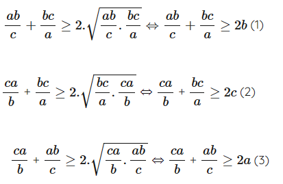 Cho a, b, c > 0. Chứng minh ab/c + bc/s + ca/b > = a + b + c (ảnh 1)
