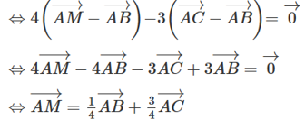 Cho tam giác ABC. Gọi M là điểm được xác định: 4 vecto BM - 3 vecto BC = vecto 0 (ảnh 1)