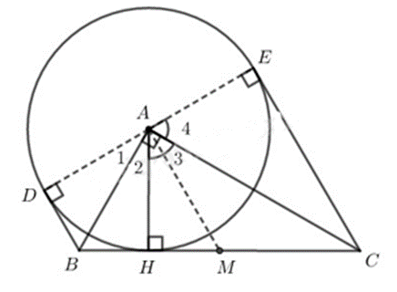 Cho tam giác ABC vuông tại A, đường cao AH. Vẽ đường tròn tâm A, bán kính AH, kẻ  (ảnh 1)
