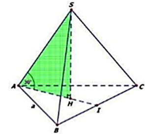 Cho khối chóp tam giác đều S.ABC có cạnh đáy bằng a, góc giữa cạnh bên và  (ảnh 1)