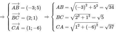 Cho các điểm A(1; - 2), B(- 2; 3) và C(0; 4). Diện tích tam giác ABC bằng  (ảnh 1)