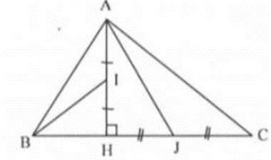 Cho tam giác ABC vuông tại A, kẻ đường cao AH. Gọi I, J là trung điểm của AH và HC (ảnh 1)