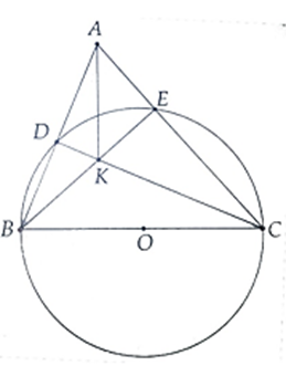 Cho tam giác nhọn ABC. Vẽ đường tròn (O) có đường kính BC, nó cắt cạnh AB (ảnh 1)