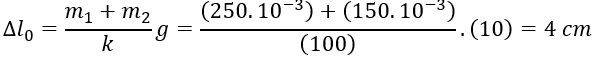 Cho cơ hệ như hình vẽ. Lò xo nhẹ có chiều dài tự nhiên l_0=30 cm, có độ cứng k=100 N/m, vật nặng m_2=150 g được đặt lên vật m_1=250 g. (ảnh 1)