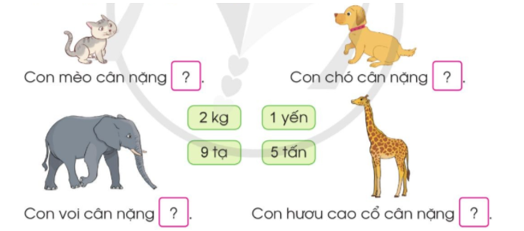Chọn thẻ ghi cân nặng thích hợp với mỗi con vật sau: (ảnh 1)