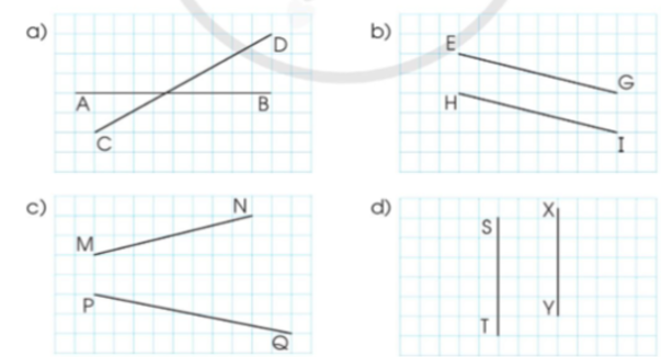 Nêu các cặp đường thẳng song song với nhau, các cặp đường thẳng không song (ảnh 1)
