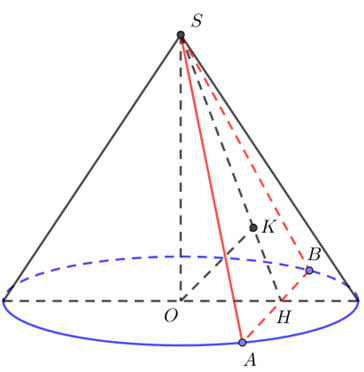 Cho hình nón có chiều cao và bán kính đáy đều bằng 1. Mặt phẳng (P) qua đỉnh của hình nón và cắt đáy theo dây cung có độ dài bằng 1. Khoảng cách từ tâm của đáy tới mặt phẳng (P) bằng (ảnh 1)