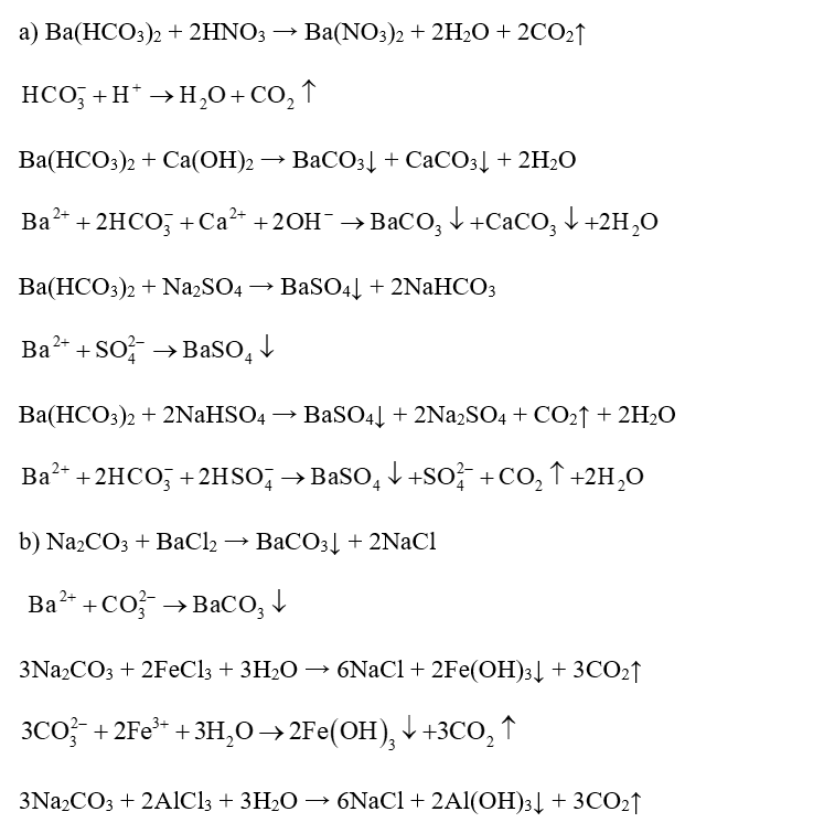 Viết phương trình dạng phân tử và ion rút gọn khi cho: a) Ba(HCO3)2 tác dụng với các dung  (ảnh 1)