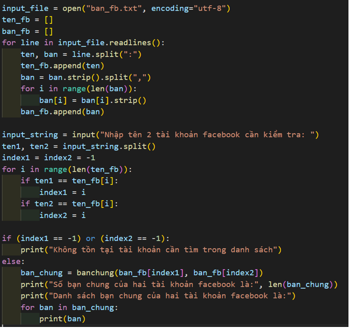 Sửa chương trình trong Nhiệm vụ 1 để in ra được danh sách bạn chung của hai tài khoản.  (ảnh 1)