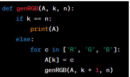 Viết chương trình sinh tất cả các xâu (hoặc dãy) bao gồm n kí tự dạng “R”, “G” và 
