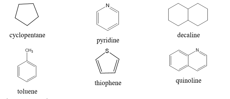 Các chất dưới đây được thấy trong thành phần của dầu thô.   cyclopentane	  pyridine	  decaline    toluene	  thiophene	  quinoline  Cho biết trong các chất này: a) Những chất nào không phải là hydrocarbon? b) Chất nào là hydrocarbon thơm? c) Những chất nào là hydrocarbon no, mạch vòng (cycloalkane)? (ảnh 1)