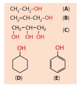 Cho các chất A, B, C, D và E có công thức cấu tạo như sau:   a) Hãy nhận xét đặc điểm chung về cấu tạo của các chất trên. b) Hợp chất E có phải là alcohol không? (ảnh 1)