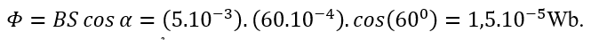 Một khung dây dẫn có tiết diện 60 cm^2 được đặt trong một từ trường đều với cảm ứng từ 5.10^(-3)  T. Biết góc hợp bởi vectơ cảm ứng từ và pháp tuyến của mặt phẳng khung dây là 60^0. Từ thông gửi qua khung dây là  	A. 1,5.10^(-5)  Wb.	B. 0,15 Wb.	C. 3.10^(-5)  Wb.	D. 0,3 Wb. (ảnh 1)