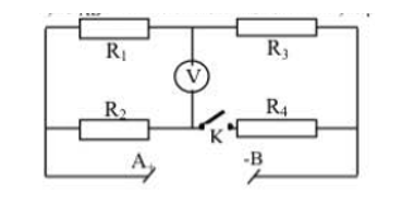 cho mạch điện như hình vẽ. r1 = 1 ω, r2 = 3 ω, rv = ∞, r3 = 5 ω, hiệu điện thế uab = 12 v (ảnh 1)