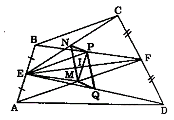Cho tứ giác ABCD. Gọi E, F theo thứ tự là trung điểm của AB và CD; M, N, P, Q lầ lượt (ảnh 1)