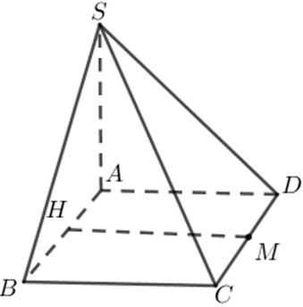 Cho hình chóp S.ABCD có đáy ABCD là hình vuông cạnh a, SA vuông góc với mặt phẳng đáy, SA = a Gọi M là trung điểm của CD. Tính khoảng cách từ M đến (SAB) (ảnh 1)