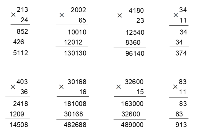 Đặt tính rồi tính: a) 213 × 24     403 × 36	b) 2 002 × 65     30 168 × 16 (ảnh 1)