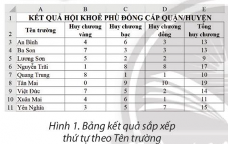 Hình 1 là bảng kết quả hội khoẻ Phù Đổng sắp xếp theo tên trường được lập bằng phần (ảnh 1)