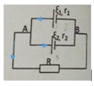 Cho mạch điện như hình vẽ: E1=6v, r1= 1ôm, E2=3V, r2=30ôm, R=3ôm . Tính   UAB (ảnh 2)
