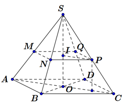 Cho hình chóp tứ giác đều có tất cả các cạnh đều bằng a. Một mặt phẳng thay đổi, vuông góc với SO và cắt SO, SA, SB, SC, SD lần lượt tại I, M, N, P, Q. Một hình trụ có một đáy là đường tròn ngoại tiếp tứ giác (MNPQ) và một đáy nằm trên mặt phẳng (ABCD). Thể tích khối trụ lớn nhất bằng (ảnh 1)