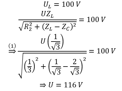 Đặt điện áp xoay chiều có giá trị hiệu dụng U và tần số không đổi vào hai đầu đoạn mạch AB gồm biến trở con chạy R (điểm M tương ứng với vị trí con chạy, khoảng cách giữa hai vạch liên tiếp trên biến trở tương ứng với một độ chia nhỏ nhất), cuộn cảm thuần L và tụ điện C mắc nối tiếp như hình vẽ. Khi con chạy M nằm ở vị trí M_1 thì điện áp hiệu dụng giữa hai đầu L và hai đầu C lần lượt là U_L và U_C với U_C=2U_L=U. Khi con chạy M nằm ở vị trí M_2 thì điện áp hiệu dụng giữa hai đầu L là 100 V