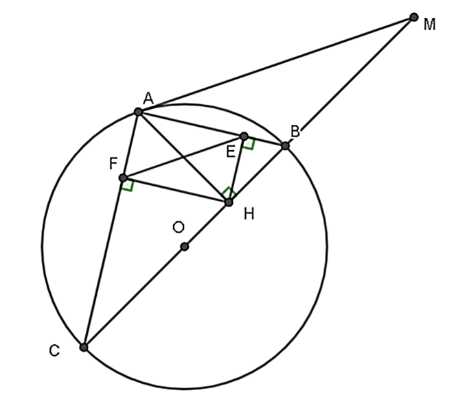 Cho đường tròn (O; R) có đường kính BC. Lấy A thuộc (O) sao cho AB < AC, vẽ đường cao (ảnh 1)