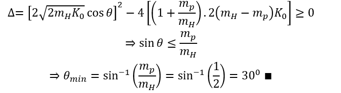 Một hạt nhân Deuteron (_1^2)H với động năng ban đầu K_0 xác định được bắn vào một proton đang đứng yên. Sau va chạm đàn hồi hạt nhân Deuteron (_1^2)H lệch đi một góc θ so với phương ban đầu. Lấy khối lượng của các hạt bằng số khối của chúng tính bằng đơn vị u. Giá trị lớn nhất của θ là 	A. 30^0.	B. 60^0.	C. 45^0.	D. 20^0. (ảnh 5)