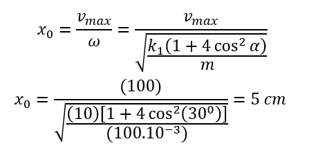 Một vật khối lượng m=100 g được đặt trên một bề mặt nằm ngang, nhẵn. Vật nối với hai lò xo có độ cứng lần lượt là k_1=10 N/m và k_2=40 N/m. Ban đầu cả hai lò xo đều không biến dạng, trục của lò xo luôn vuông góc với bề mặt tiếp xúc. Lấy  m/s^2 .    Người ta kích thích dao động của vật bằng cách dịch chuyển vật sang phải một đoạn x_0 rồi thả nhẹ. Biết tốc độ cực đại của vật trong quá trình dao động là v_max=100 cm/s  . Lấy  m/s^2 . Giá trị x_0 bằng 	A. 2 cm.	B. 4 cm.	C. 5 cm.	D. 6 cm. (ảnh 3)