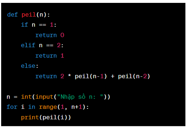 Viết chương trình nhập số n từ bàn phím và in ra n số hạng đầu tiên của dãy số Peil (ảnh 1)