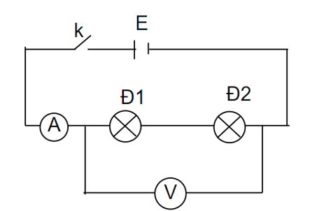Vẽ sơ đồ mạch điện gồm: 1 nguồn điện, 1 công tắc đóng, 2 bóng đèn mắc nối tiếp, 1 ampe kế, 1 vôn kế đo hiệu điện thế giữa hai đầu bóng đèn, 1 số dây dẫn. (ảnh 1)