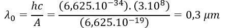 Công thoát của electron khỏi đồng là 6,625.10^(-19)  J. Tốc độ ánh sáng trong chân không là 3.10^8  m/s, hằng số Plank là 6,625.10^(-34)  Js.  (ảnh 1)