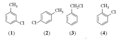 Cho các chất có công thức sau:  Trong các chất trên, những chất là sản phẩm chính khi cho toluen tác dụng với chlorine trong điều kiện đun nóng và có mặt FeCl3 là (ảnh 1)