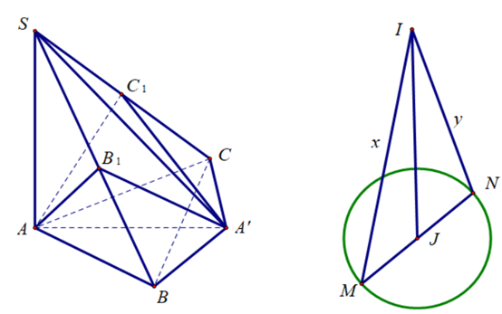 Trong mặt phẳng (P) cho tam giác ABC có AB = 1, AC = 2, . Điểm S thay đổi thuộc đường thẳng đi qua A và vuông góc với (P), (S khác A). Gọi B1, C1 lần lượt là hình chiếu vuông góc của A trên SB, SC. (ảnh 1)