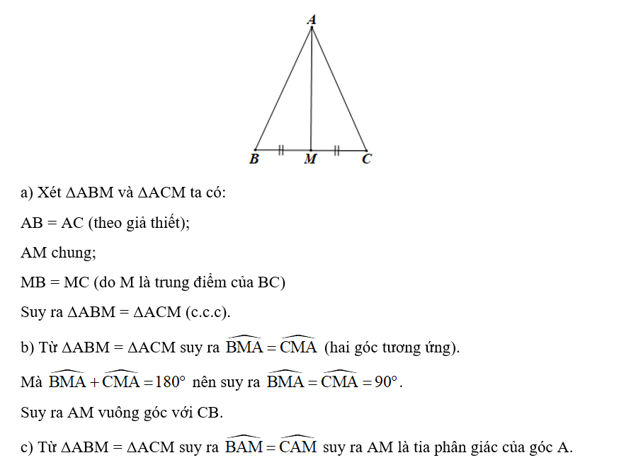 Cho tam giác ABC có AB = AC. Gọi M là trung điểm của BC.  a) Chứng minh hai tam giác ABM và ACM bằng nhau. (ảnh 1)