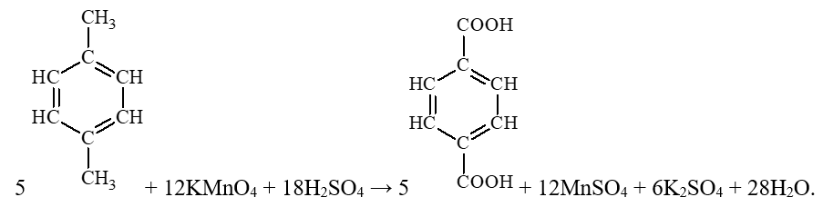 Terephthalic acid (p-HOOCC6H4COOH) là nguyên liệu để sản xuất poly(ethylene terephthalate) (PET, loại polymer quan trọng, được sử dụng làm sợi dệt và chai nhựa,...). Viết phương trình hoá học của phản ứng điều chế terephthalic acid từ p-xylene. (ảnh 1)