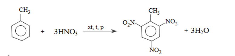 2,4,6-trinitrotoluene dùng để sản xuất thuốc nổ TNT. a) Viết phương trình hoá học của phản ứng điều chế 2,4,6-trinitrotoluene từ toluene và nitric acid (xúc tác sulfuric acid). b) Từ 1 tấn toluene điều chế được bao nhiêu kg 2,4,6-trinitrotoluene, biết hiệu suất của phản ứng là 62%. (ảnh 1)