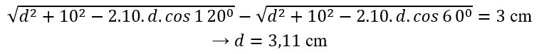 Giao thoa sóng ở mặt nước với hai nguồn kết hợp đặt tại A và B. Hai nguồn dao động điều hòa theo phương thẳng đứng, cùng pha và cùng tần số 10 Hz. Biết AB=20 cm, tốc độ truyền sóng ở mặt nước là 0,3 m/s. Ở mặt nước, O là trung điểm của AB, gọi Ox là đường thẳng hợp với AB một góc 60^0. M là điểm trên Ox mà phần tử vật chất tại M dao động với biên độ cực đại (M không trùng với O). Khoảng cách ngắn nhất từ M đến O là 	A. 1,72 cm.	B. 2,69 cm.	C. 3,11 cm.	D. 1,49 cm. (ảnh 5)