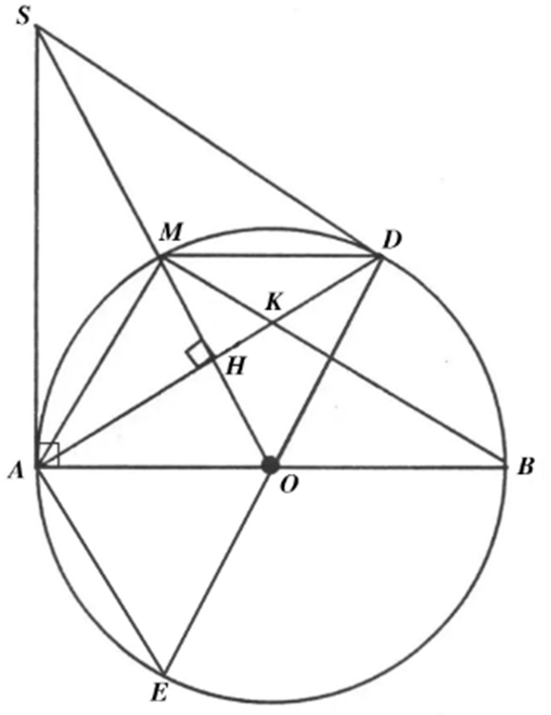 Cho đường tròn (O; R) có đường kính AB, lấy điểm M thuộc đường tròn (O) sao cho AM  (ảnh 1)