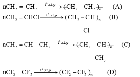 Cho các đoạn mạch polymer như ở dưới đây:   Viết phương trình hoá học tổng hợp các polymer ấy từ các alkene tương ứng. (ảnh 2)