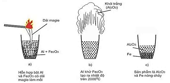 Thí nghiệm dưới đây mô tả các quá trình xảy ra của phản ứng nhiệt nhôm:   Cho các phát biểu sau: 	(a) Hỗn hợp có thành chính là Al và Fe2O3 được gọi là hỗn hợp tecmit. 	(b) Phần khói trắng bay ra (hình 2) là Al2O3. 	(c) Dải Mg (hình 1) dùng để khơi mào cho phản ứng nhiệt nhôm. 	(d) Thí nghiệm trên được sử dụng để điều chế một lượng nhỏ sắt khi hàn đường ray.  	(e) Chất rắn Y (hình 3) là Fe nóng chảy. Số phát biểu đúng là 	A. 4.	B. 5.	C. 2.	D. 3. (ảnh 2)