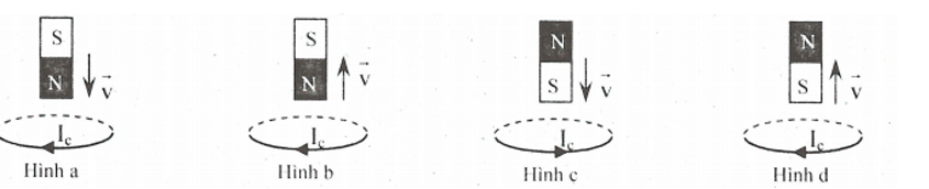 Hình vẽ nào sau đây biểu diễn đúng chiều dòng điện cảm ứng khi cho nam châm dịch chuyển lại gần hoặc ra xa vòng dây kín. (ảnh 1)