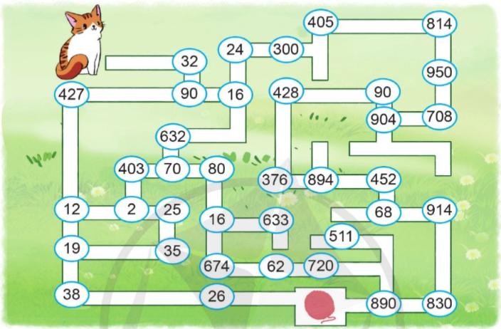 Em hãy chỉ đường giúp chú mèo tìm được cuộn len bị thất lạc bằng cách đi theo con đường ghi các số chẵn: (ảnh 1)